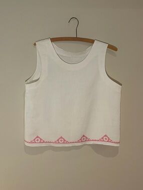White Sleeveless Top with Pink Embroidery-Handmade